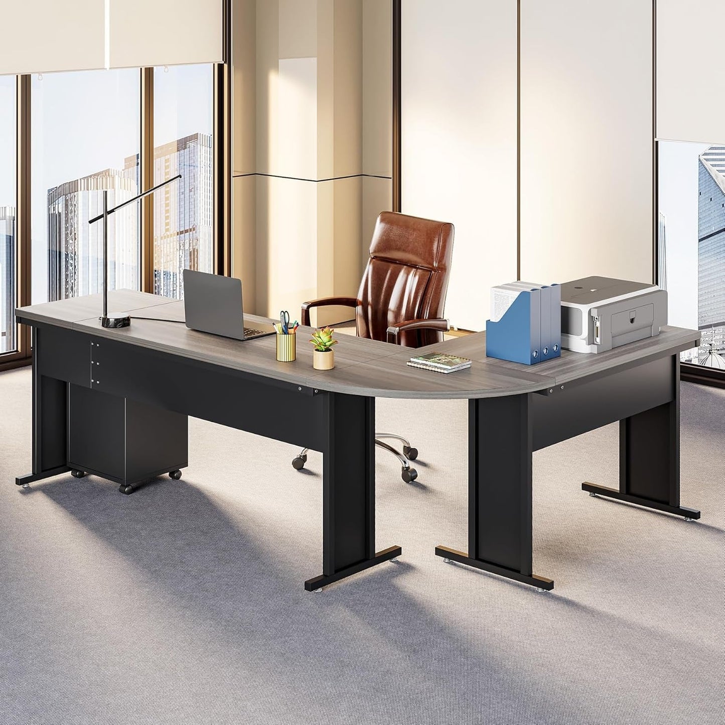 83in Gray Farmhouse L Shaped Desk With Mobile File Cabinet