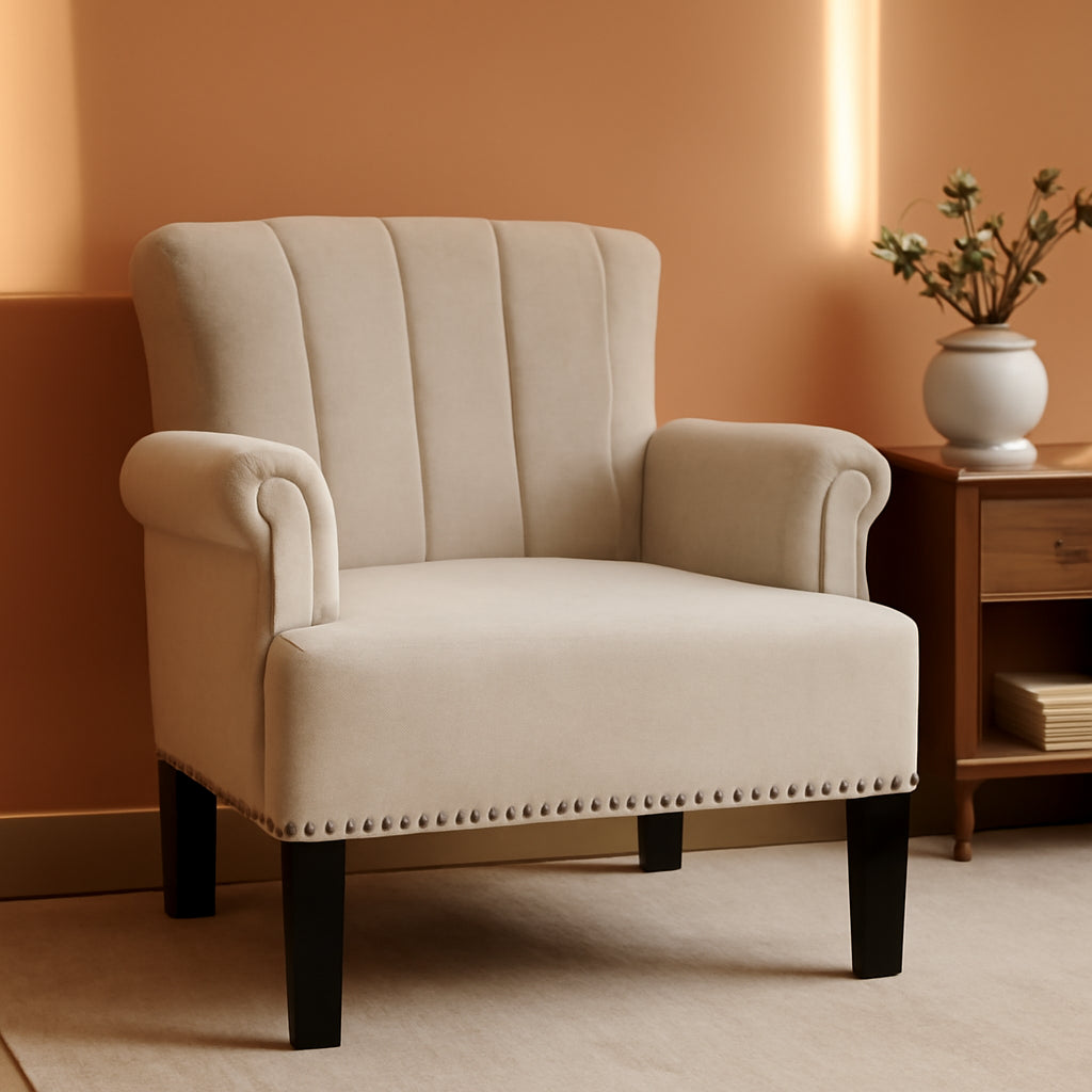 Cream Polyester Tufted Mid Century Upholstered Chair