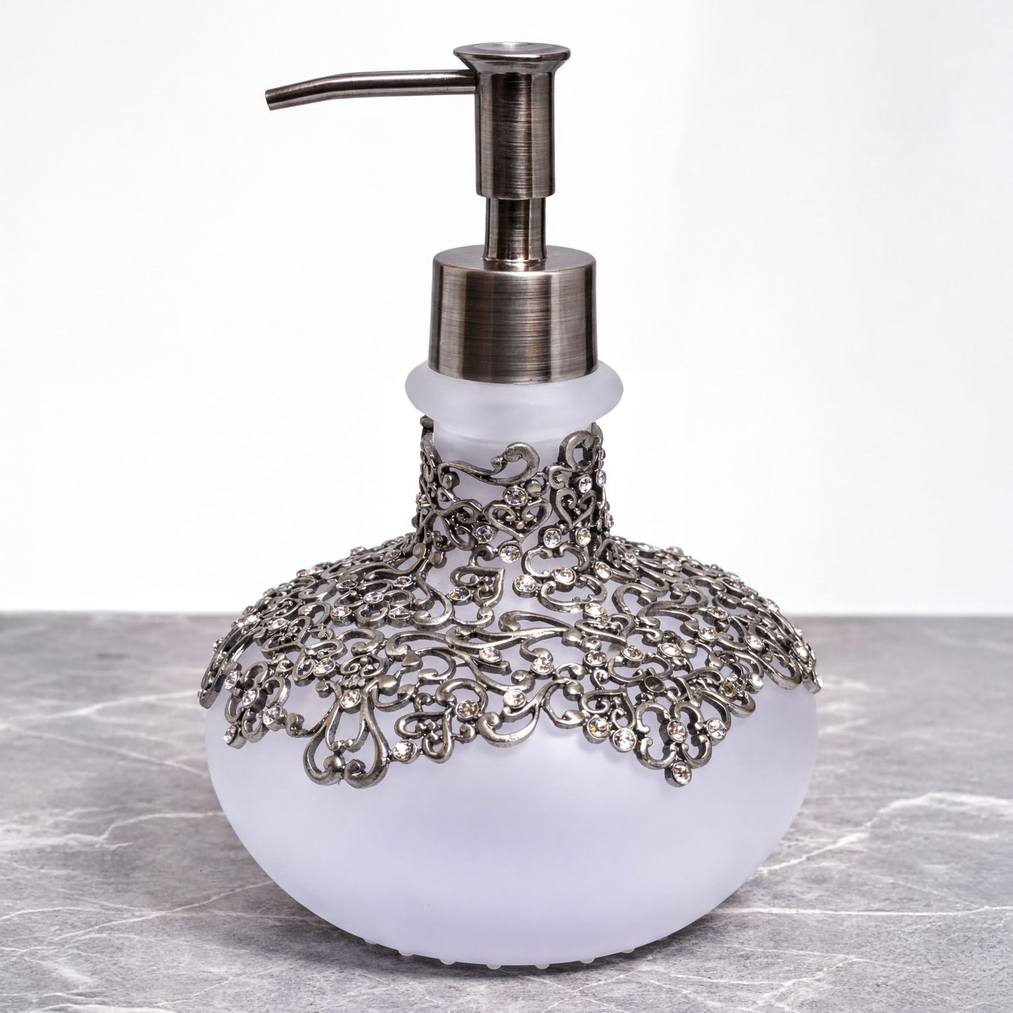Soap Dispenser – Elegant Frosted Glass Bathroom Accessory with Pewter Finish & Rhinestones