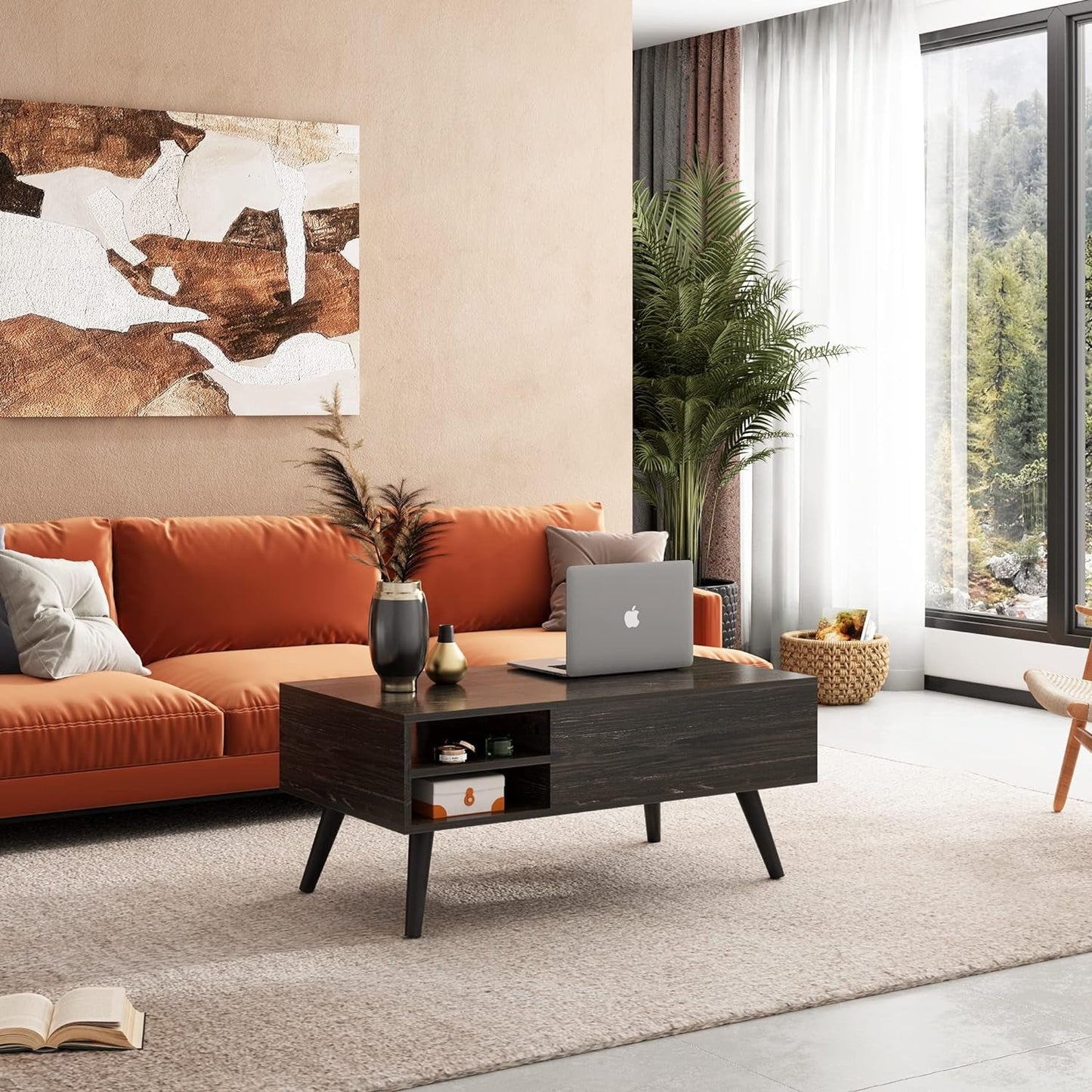 Wood Lift Top Coffee Table Hidden Compartment Charcoal