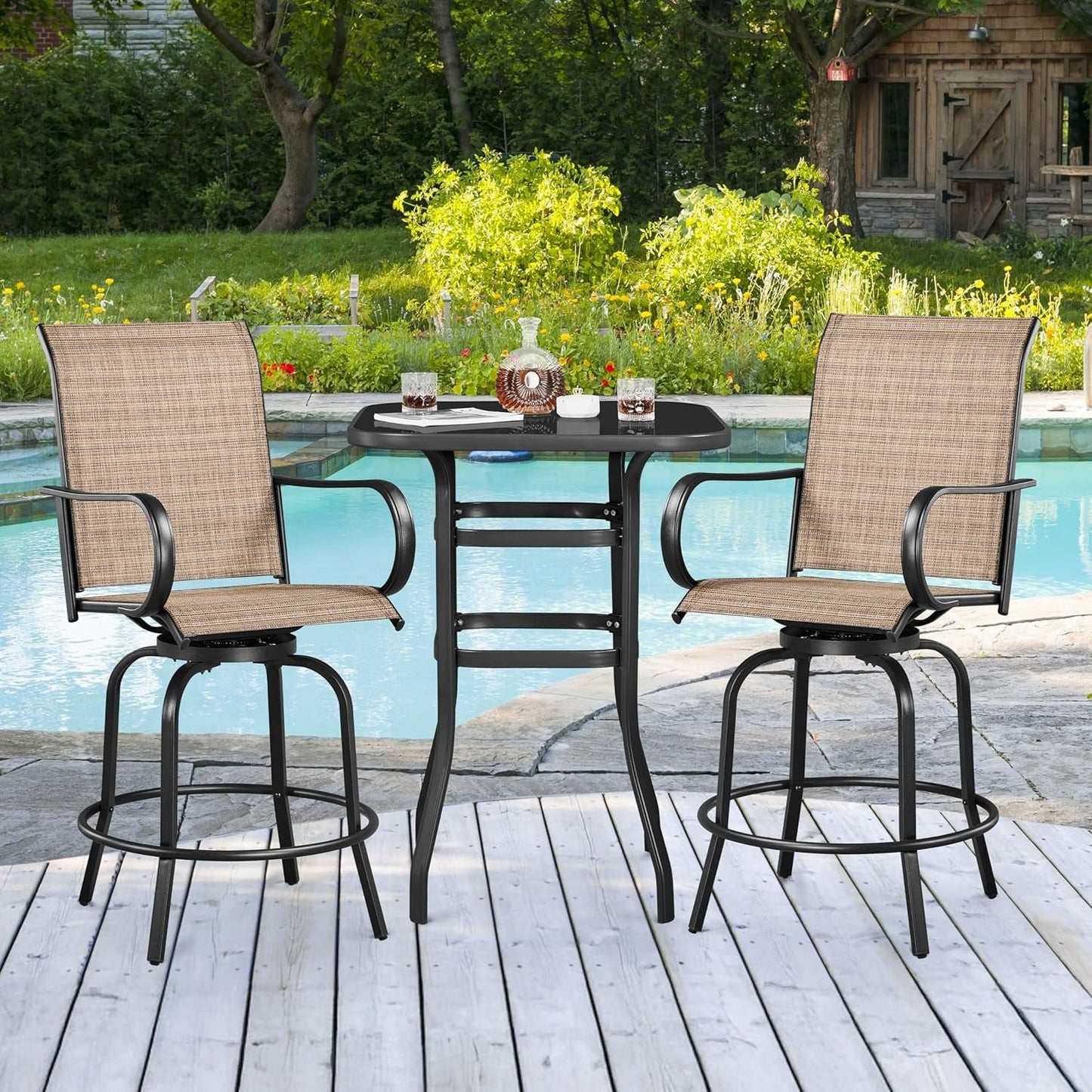 Outdoor Swivel Barstools Set of Four beside a table near a pool, perfect for outdoor living and comfort.