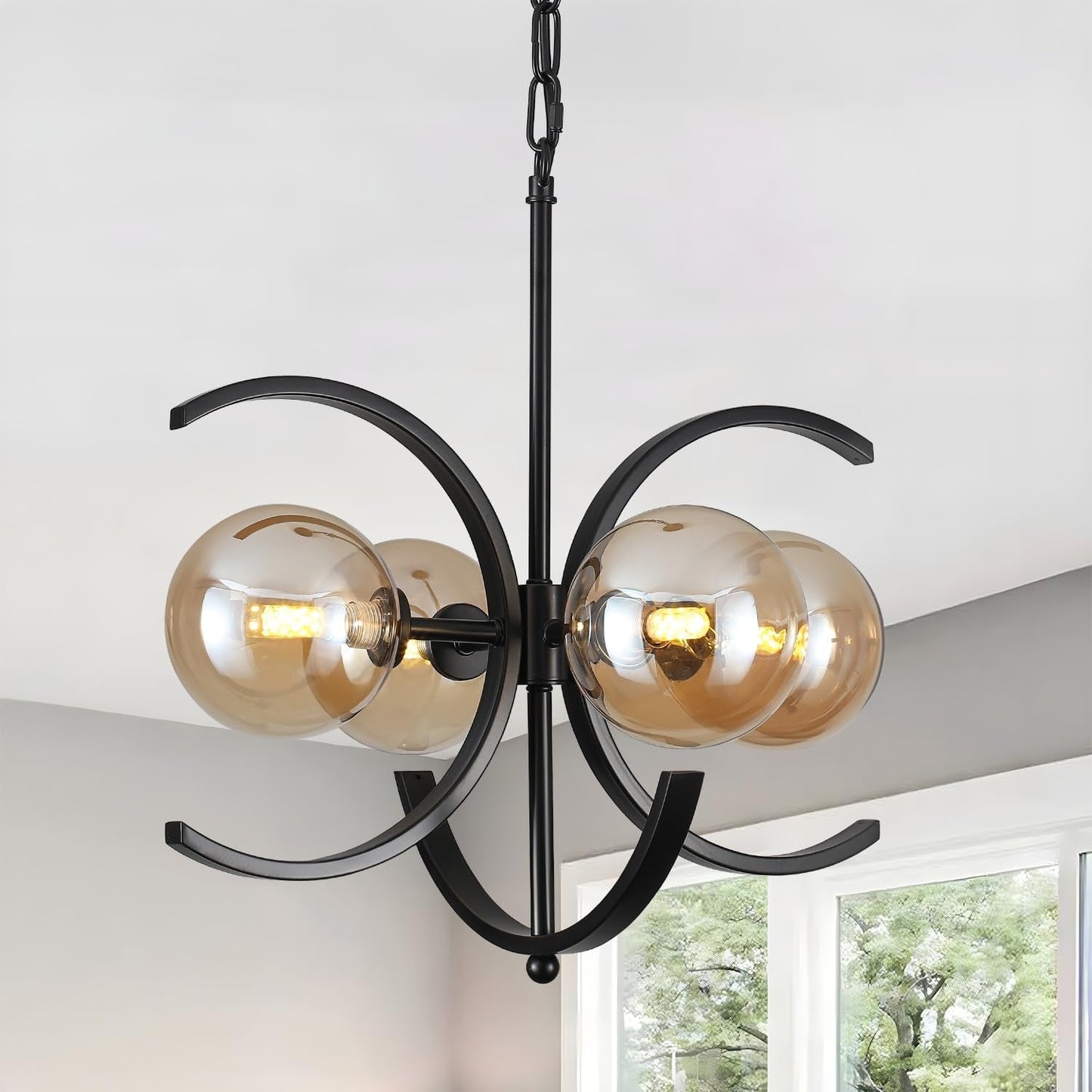 Black Sputnik Chandelier 4 Light Amber Glass Globes