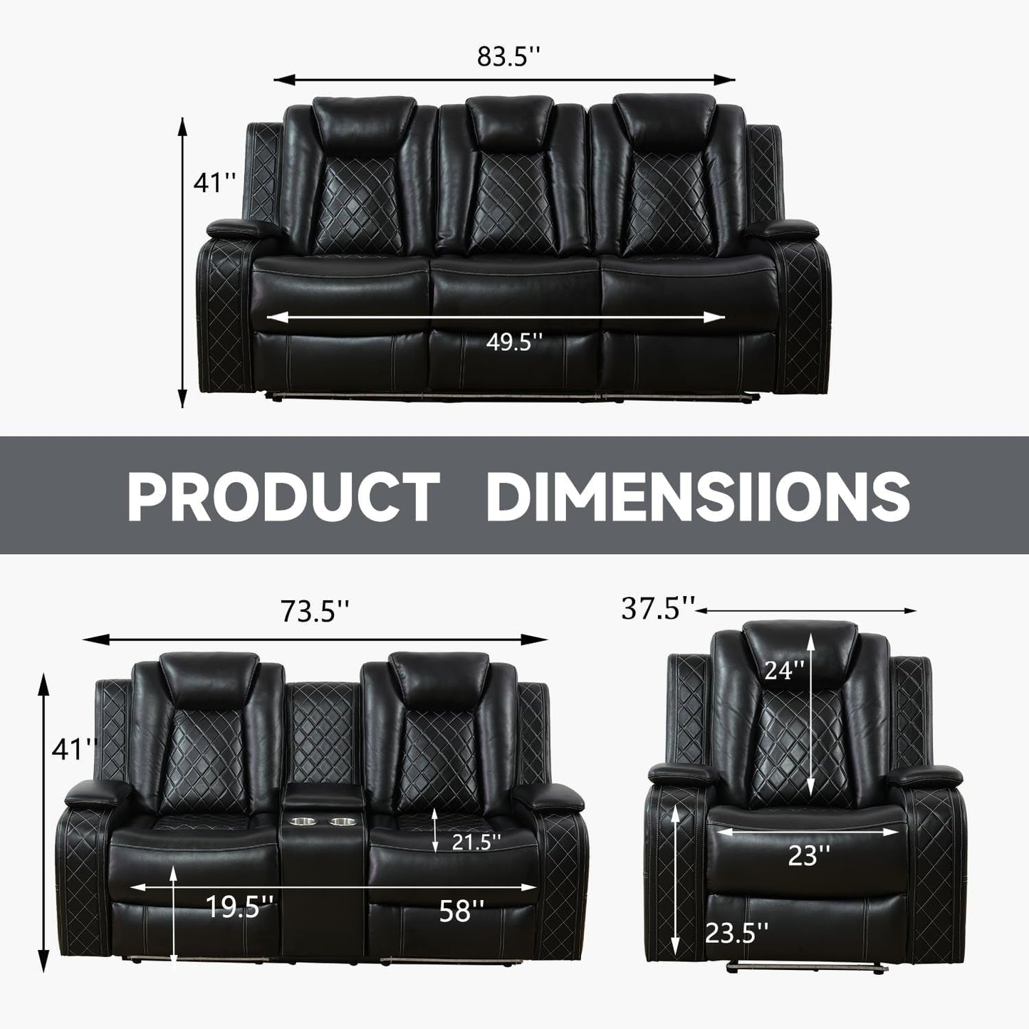 Power Reclining Leather Sofa Set With USB Ports Black