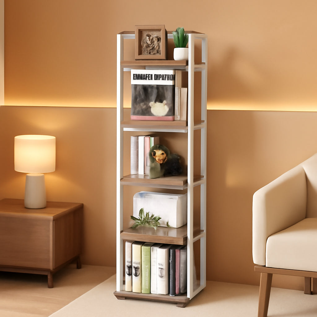 5-Tier Rotating Corner Bookshelf White Wood And Metal Slim