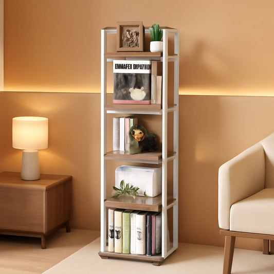 5-Tier Rotating Corner Bookshelf White Wood And Metal Slim