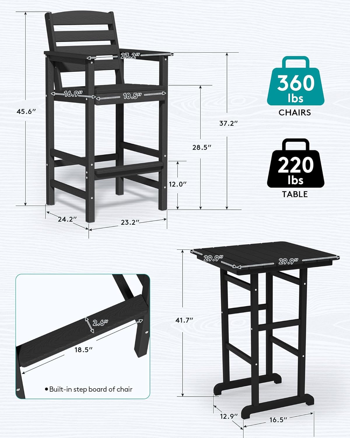 Black Balcony Adirondack Bar Chair Set With Table 3 Piece