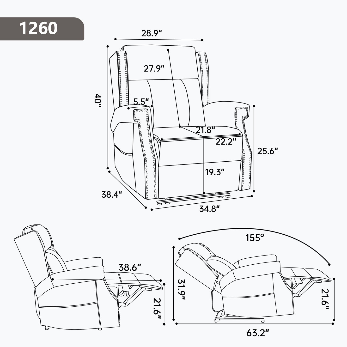 Grey Manual Recliner Chair in Faux Leather for Living Room with Heavy Duty Motion Mechanism, 8 vibrating nodes and 3 massage modes.