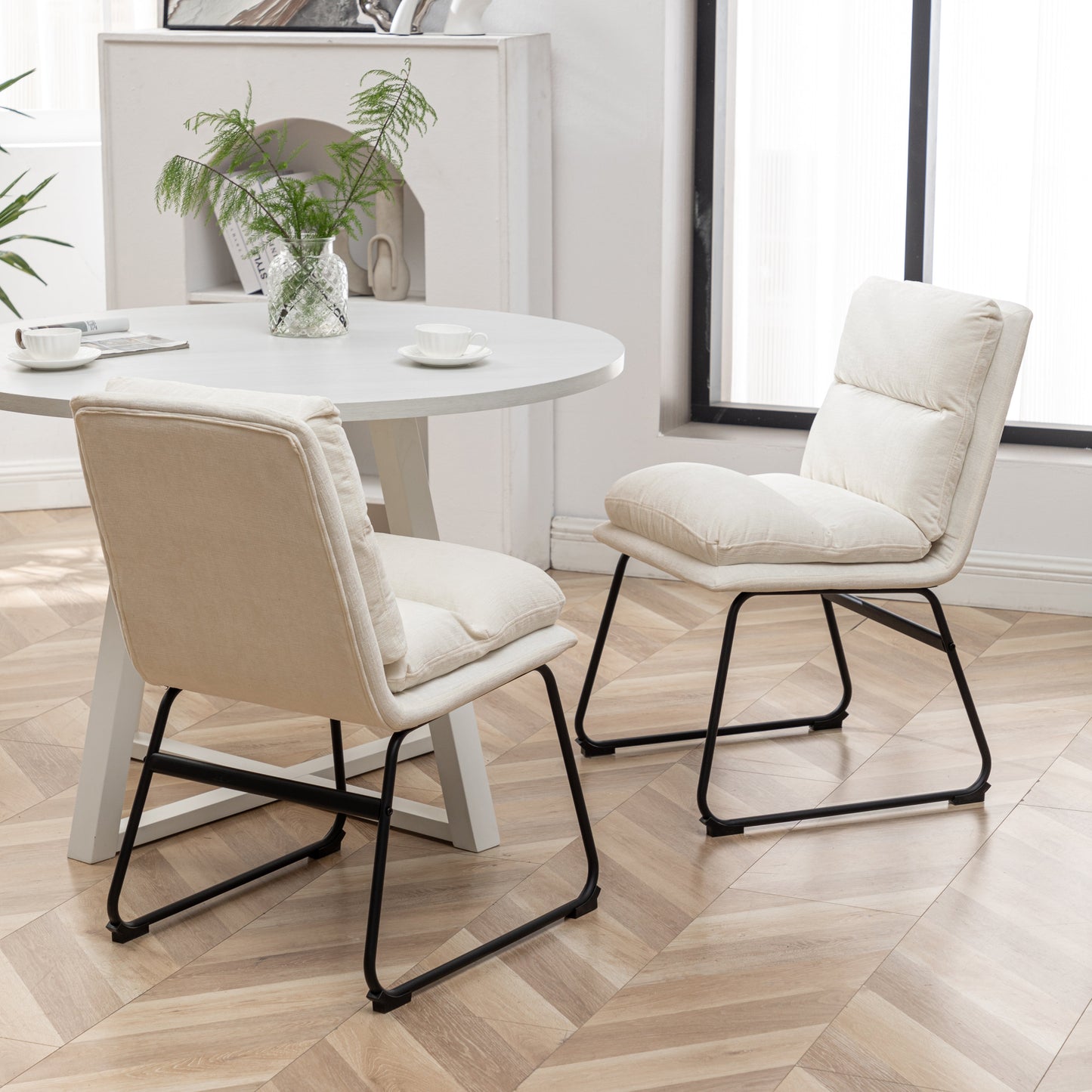 Innes 5-Piece Round Dining Set, Trestle Dining Table with 4 Stylish Chairs, Vanilla