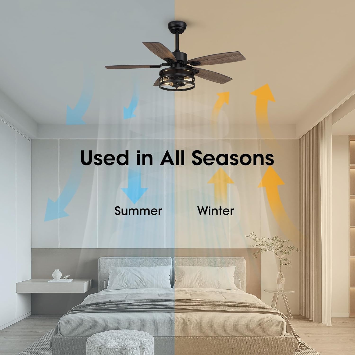 42 Inch Caged Ceiling Fan With Remote Control For Indoor And Outdoor used in all seasons with summer and winter airflow arrows.