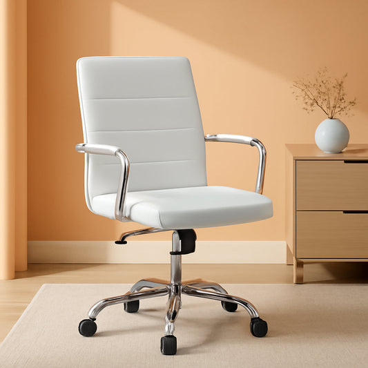 White Leather Ergonomic Office Chair With Height Adjustment