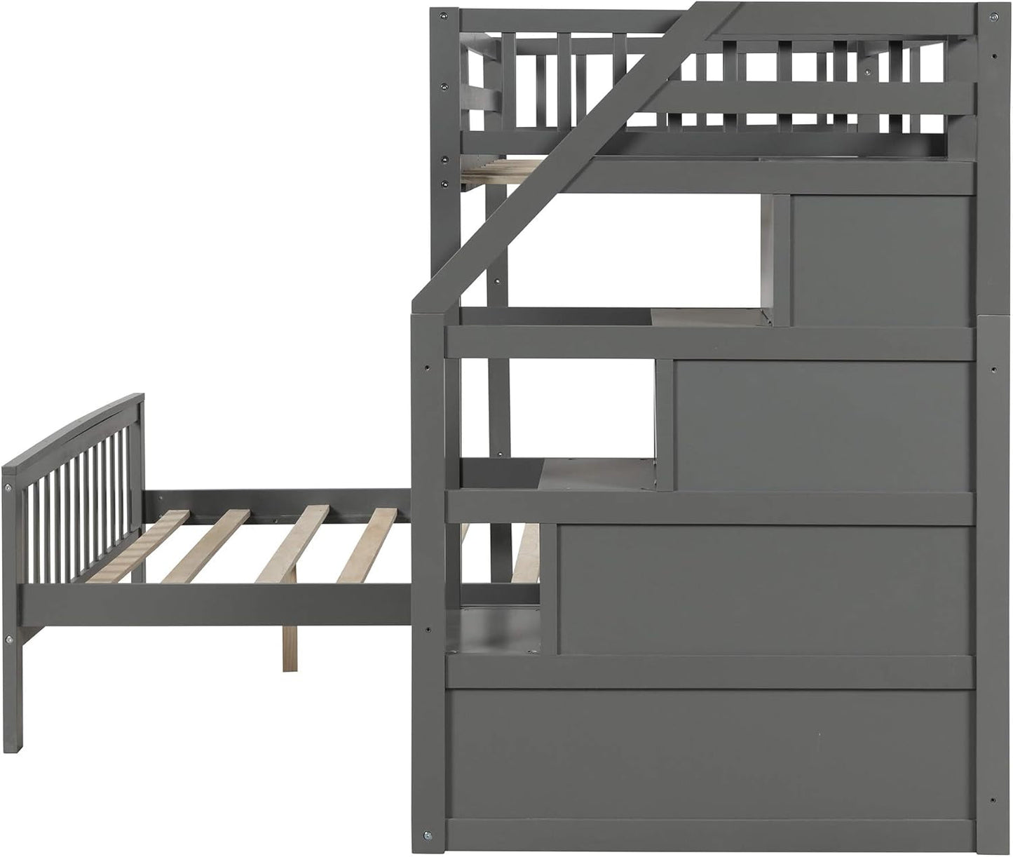 Gray Twin Over Full Bunk Bed With Storage Stairs Solid Wood