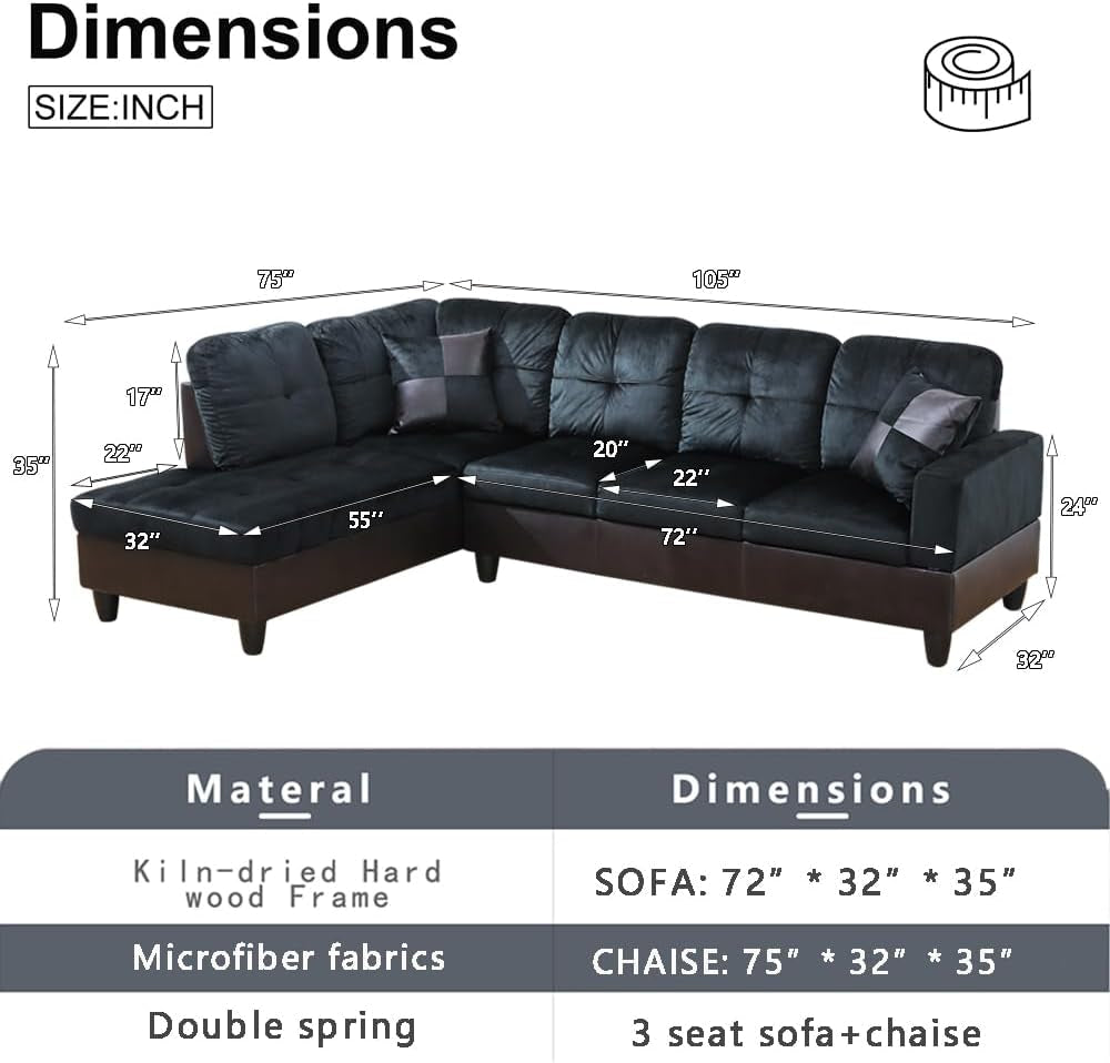 Two Piece L Shape Sectional Sofa Set In Midnight Blue Microfiber With Chaise Left Hand Facing