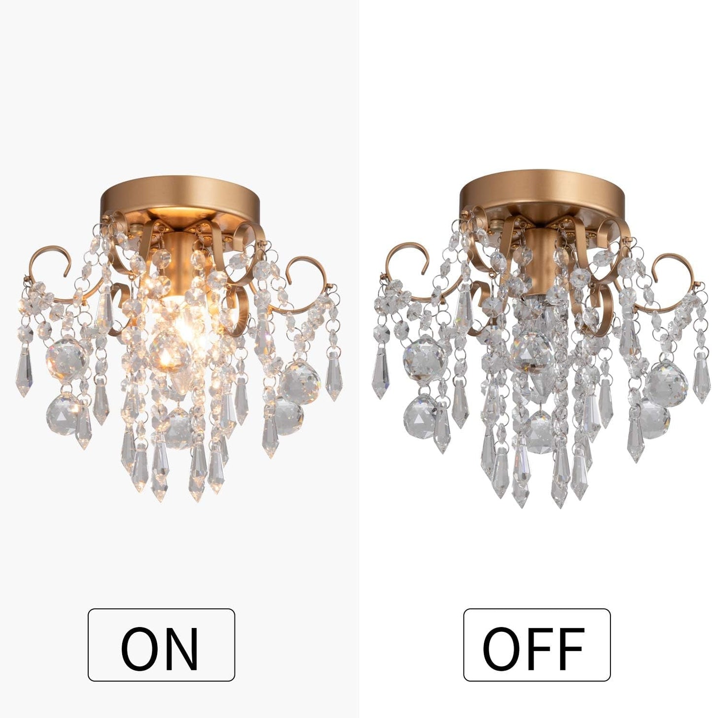 Mini Crystal Chandelier Flush Mount Gold Ceiling Light displays ON and OFF states showcasing its elegant crystals and warm glow.