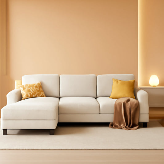 White Linen Sectional Sofa U Shaped 4 Seat Chaise Couch