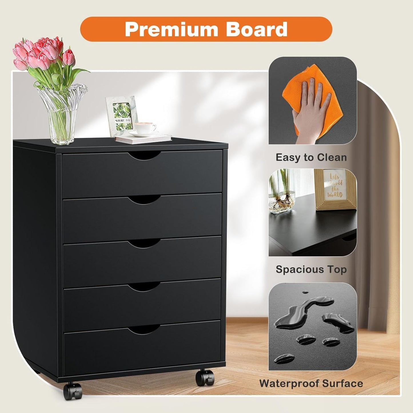 Five Drawer Multifunctional File Cabinet Black Industrial