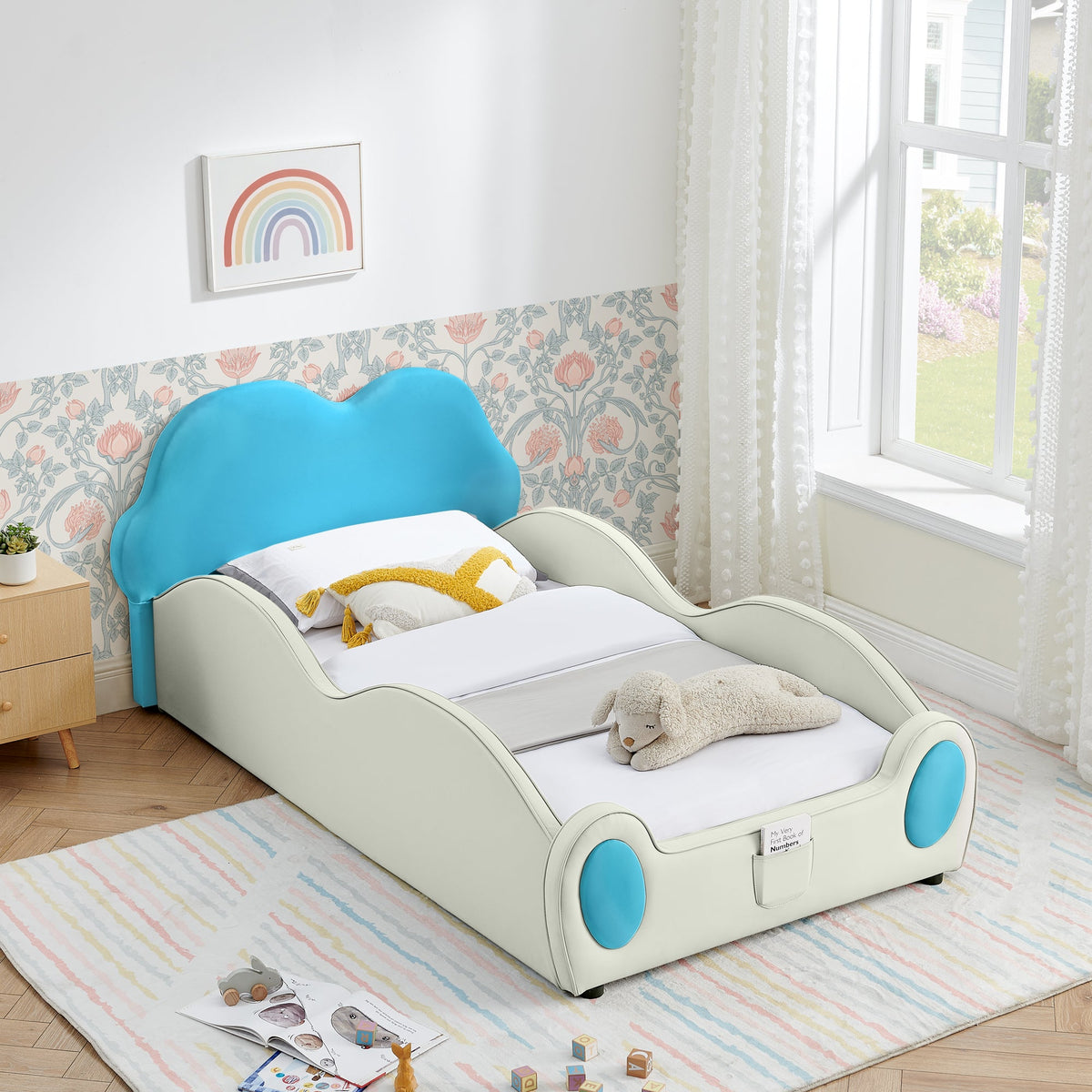 Cute Cloud Shape PU Leather Kids Bed with Guardrails