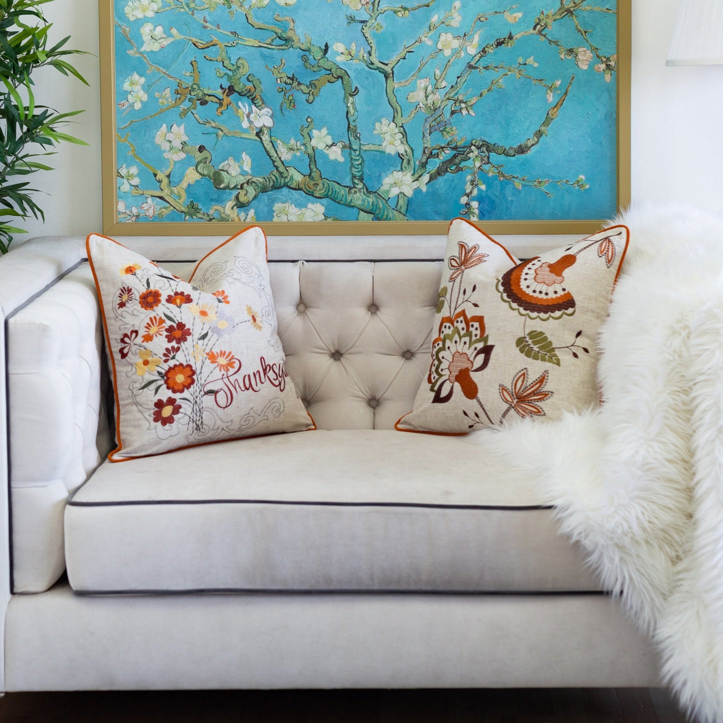 Thanksgiving Embroidered Floral Throw Pillow – Autumn Harvest Accent Cushion Set