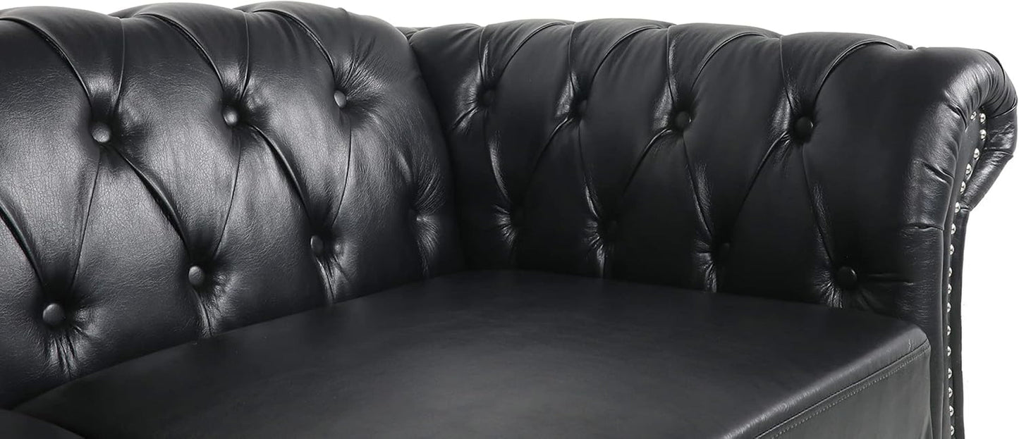 3 Seater PU Chesterfield Sofa Black Tufted Nailhead Trim