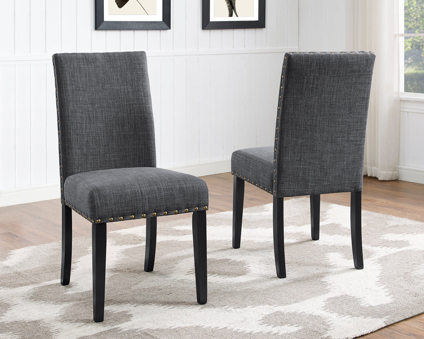Biony Espresso Wood Dining Set With Gray Fabric Chairs