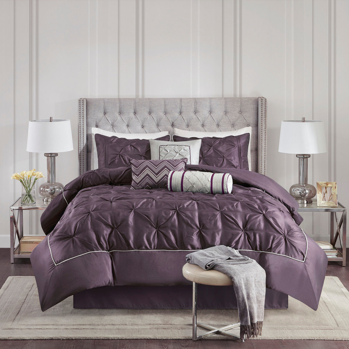 7 Piece Tufted Comforter Set - Plum - King