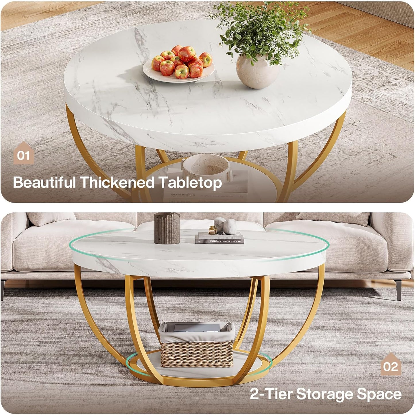 Modern Round Coffee Table - 31.7" 2 Tier Design