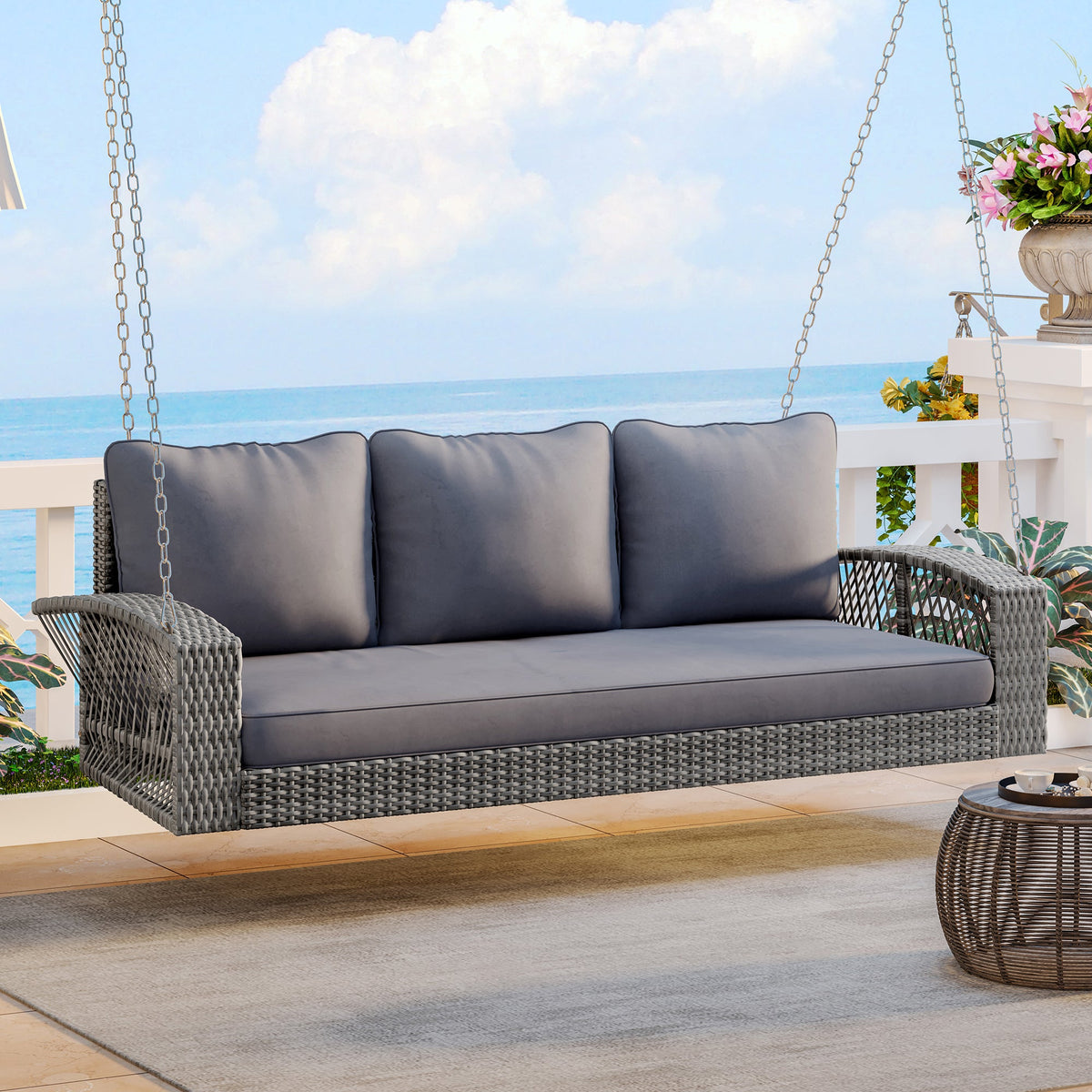 GO 69" PE Wicker 3-Person Porch Swing