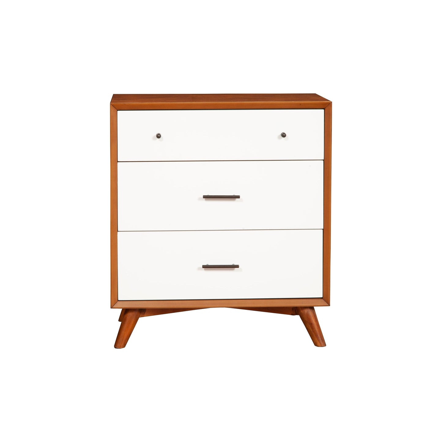 Flynn Small Chest in Chestnut/White, showcasing Mid-Century Modern design and sturdy solid Mahogany construction.