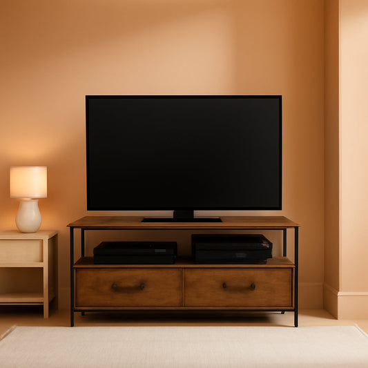 2 Drawer TV Stand Chest For Living Room With Open Shelf And Fabric Drawers For Media Storage