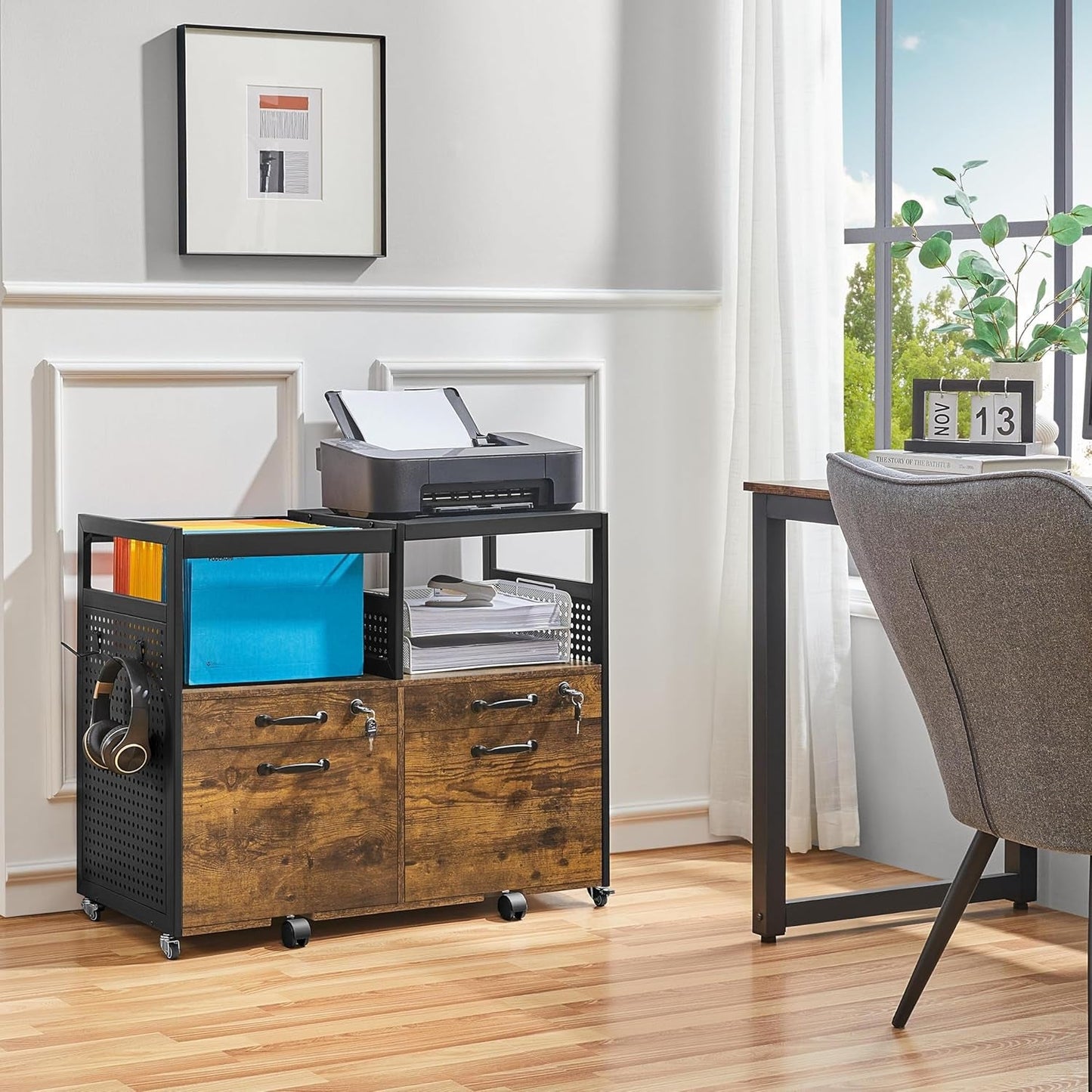 Lateral File Cabinet Printer Stand Drawers Rustic Brown