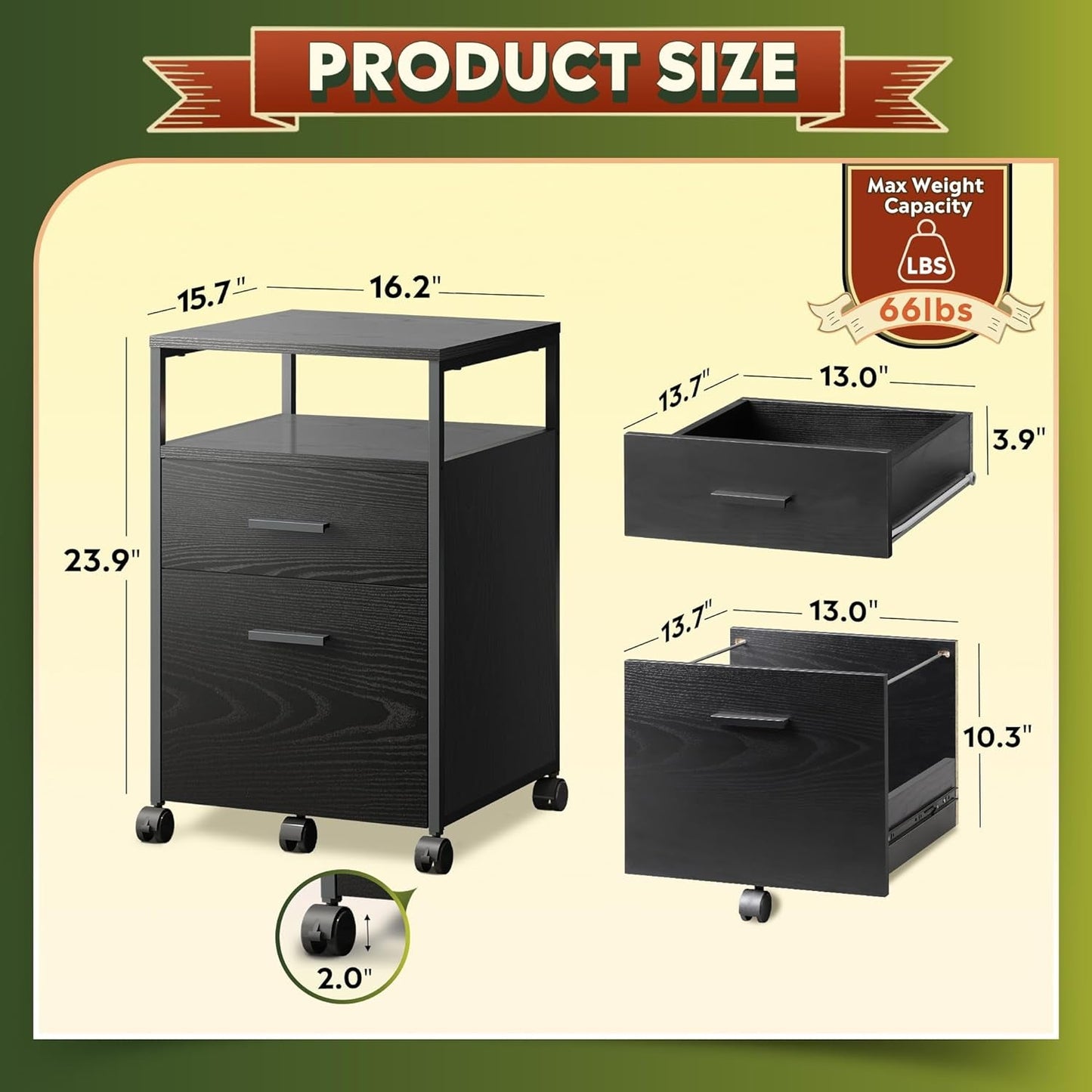 2 Drawer Mobile File Cabinet With Open Storage Shelf Black