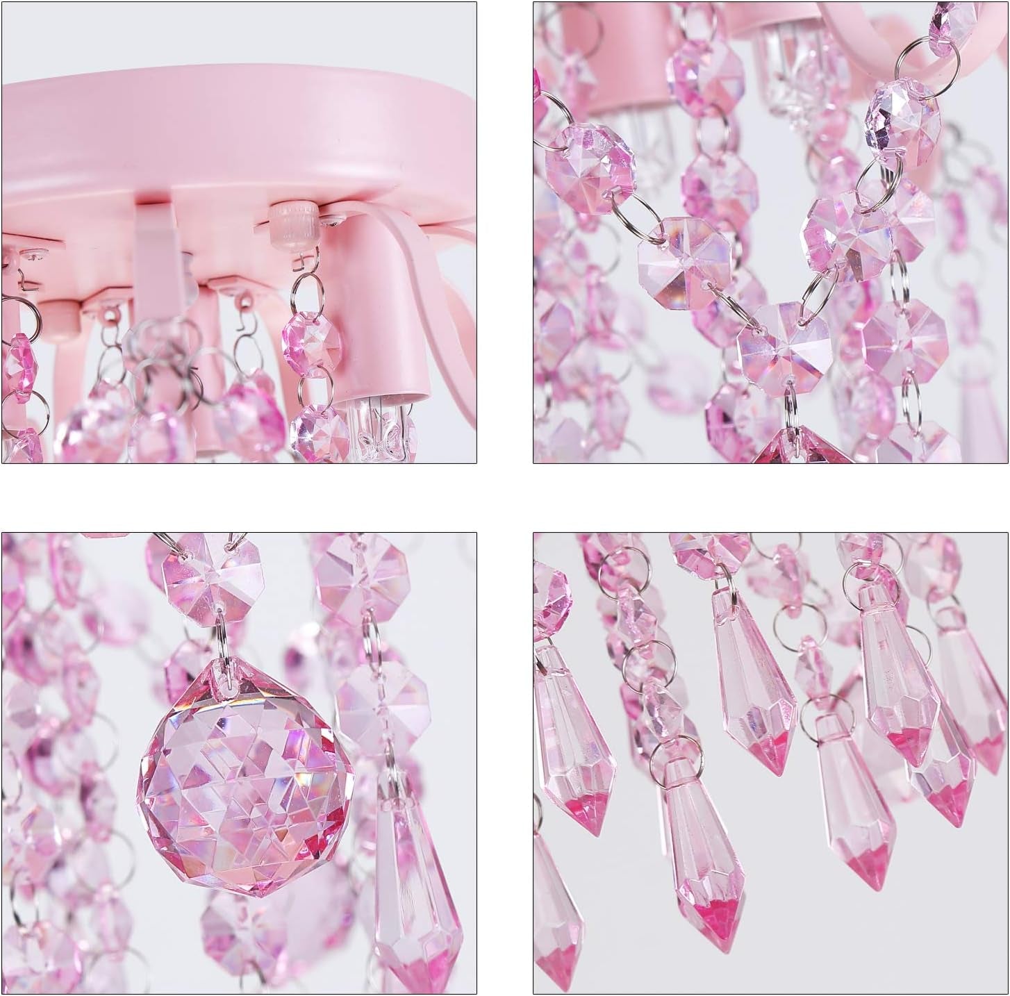 Close-up view of the Pink Crystal Mini Chandelier 3 Light Semi Flush Mount showcasing pink crystals and elegant design.