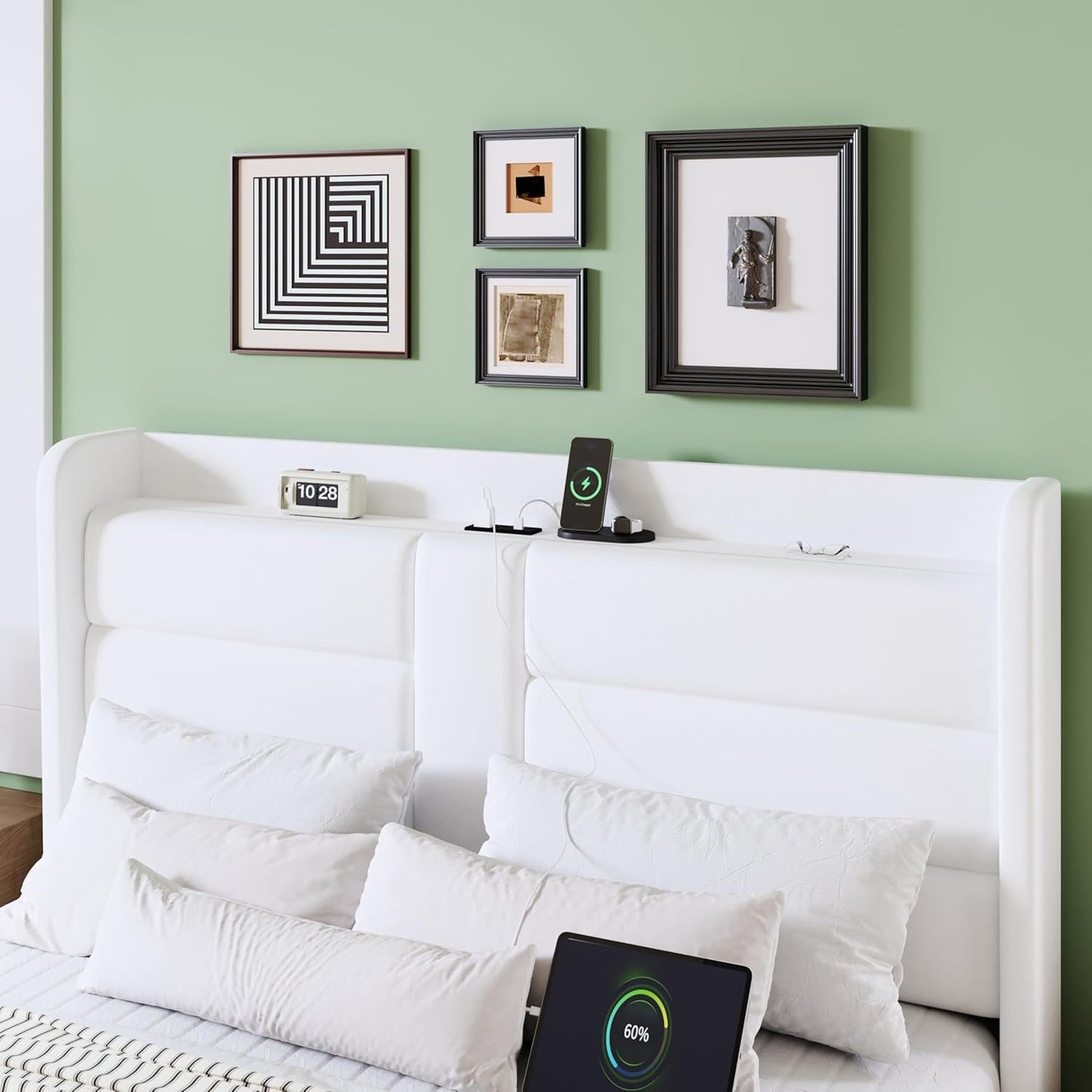 Full Size Platform Bed Frame With USB Charging Station And Storage Headboard