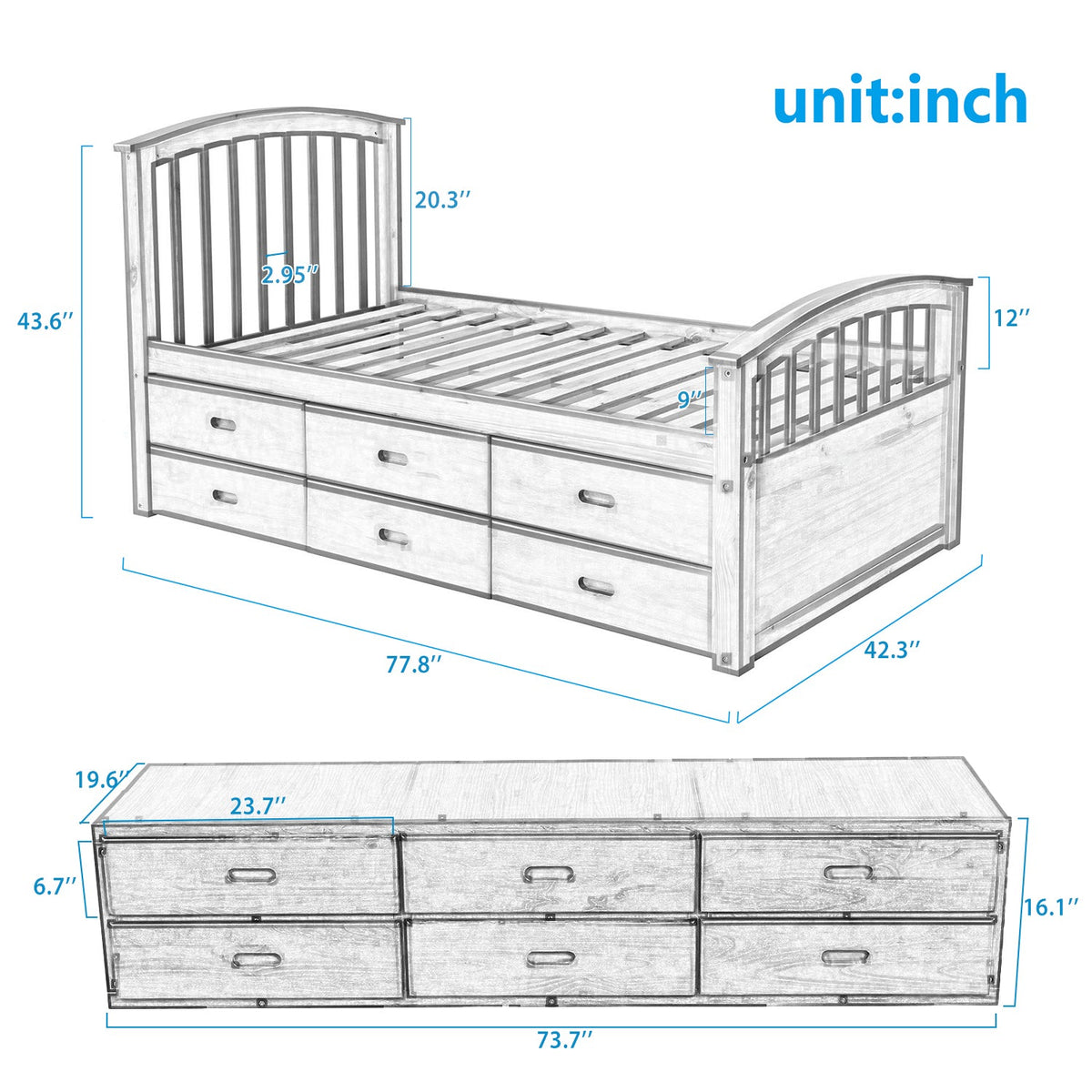 Twin Size Platform Storage Bed with 6 Drawers, Grey