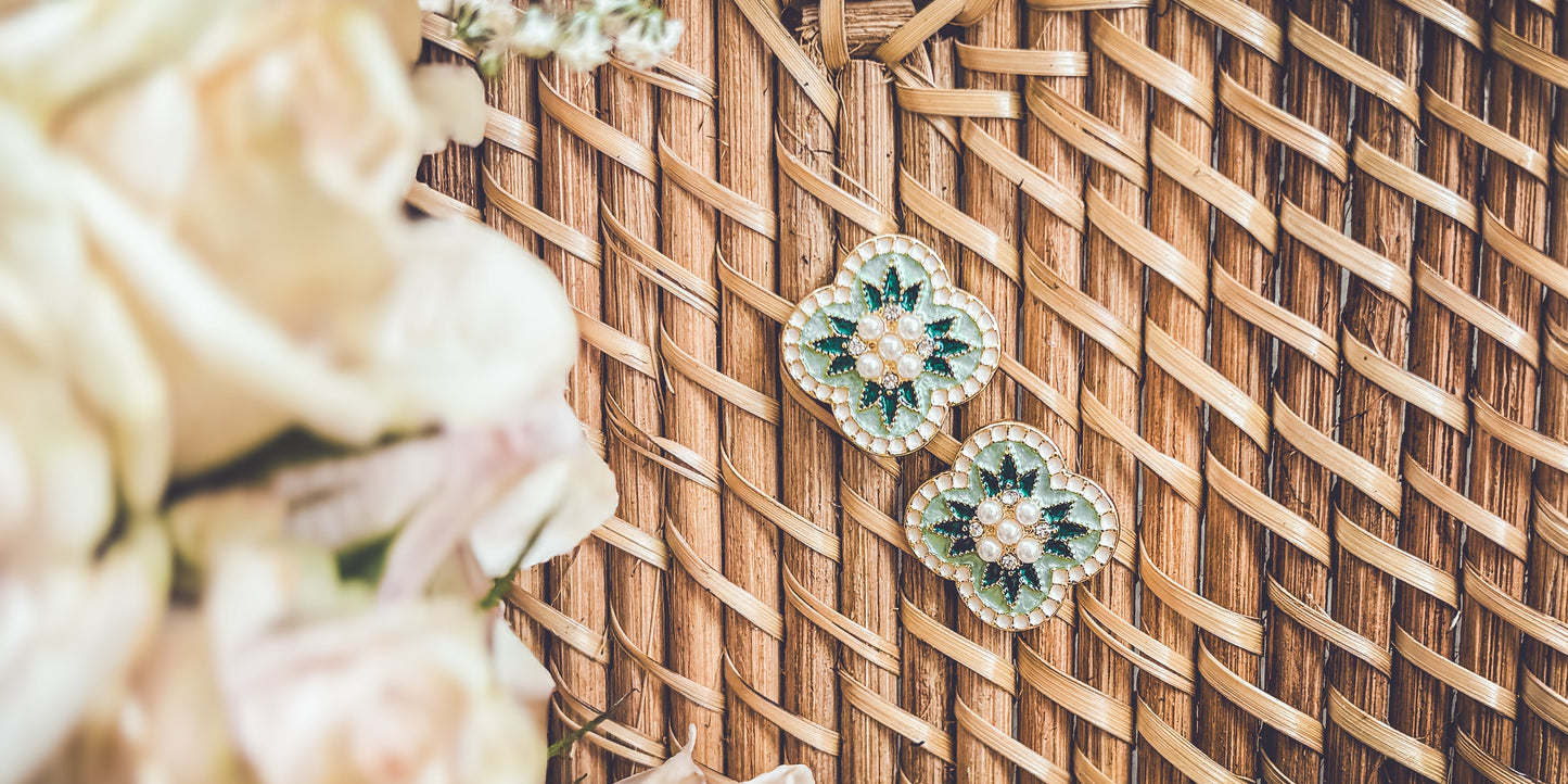 Beautiful Vintage Green and Pearl Stud Earrings