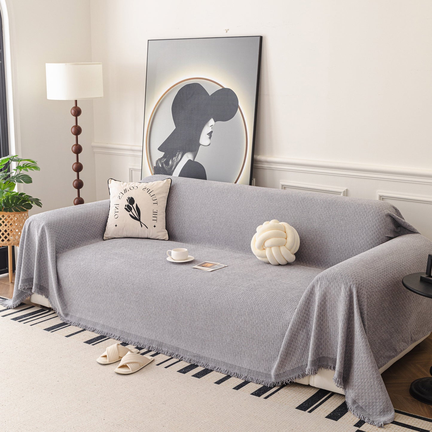 Textured Woven Modern Sofa Cover, Natural Blend Decorative Couch Throw Blanket