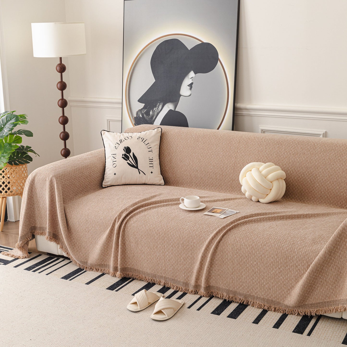 Textured Woven Modern Sofa Cover, Natural Blend Decorative Couch Throw Blanket