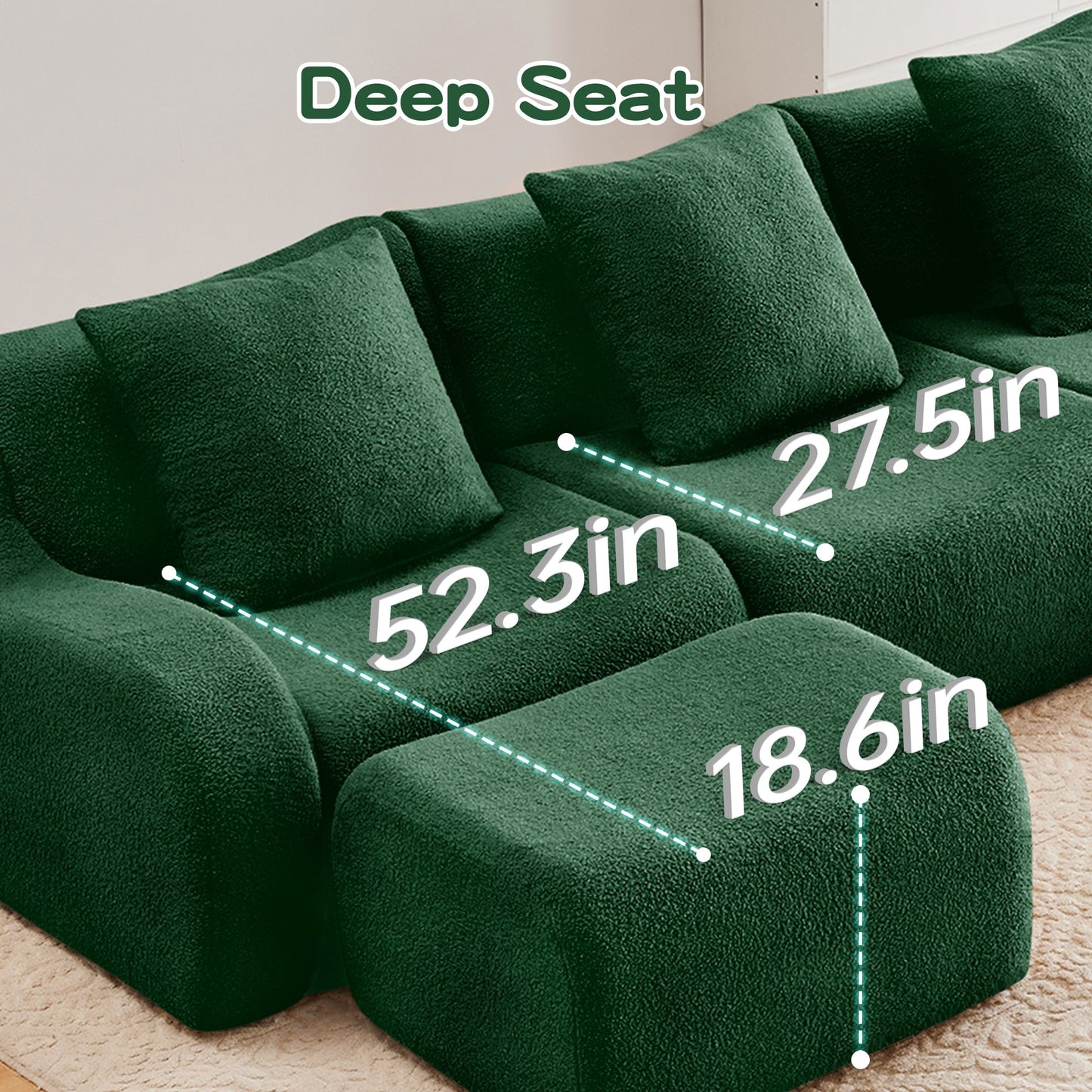 U-Shaped Boneless Sofa,Teddy Fabric No assembly required   Curved armrest,Anti-slip Design,Streamlined Design 32D High Density Sponge,Full Compression Vacuum Packag,For Studies living Rooms,Green