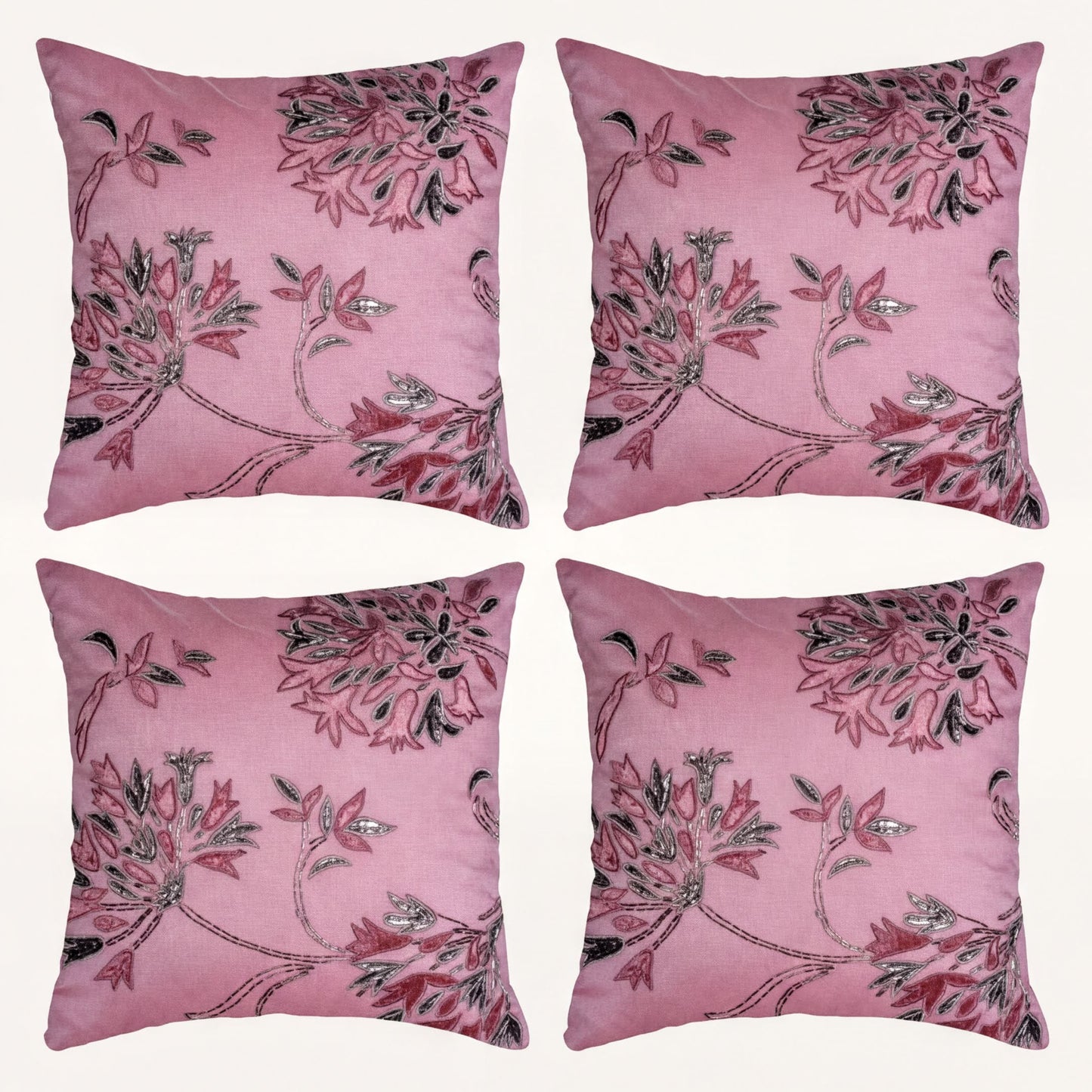 Pink Throw Pillow Covers - Set of 4 Embroidered Cushion Covers 18 x 18 Inches