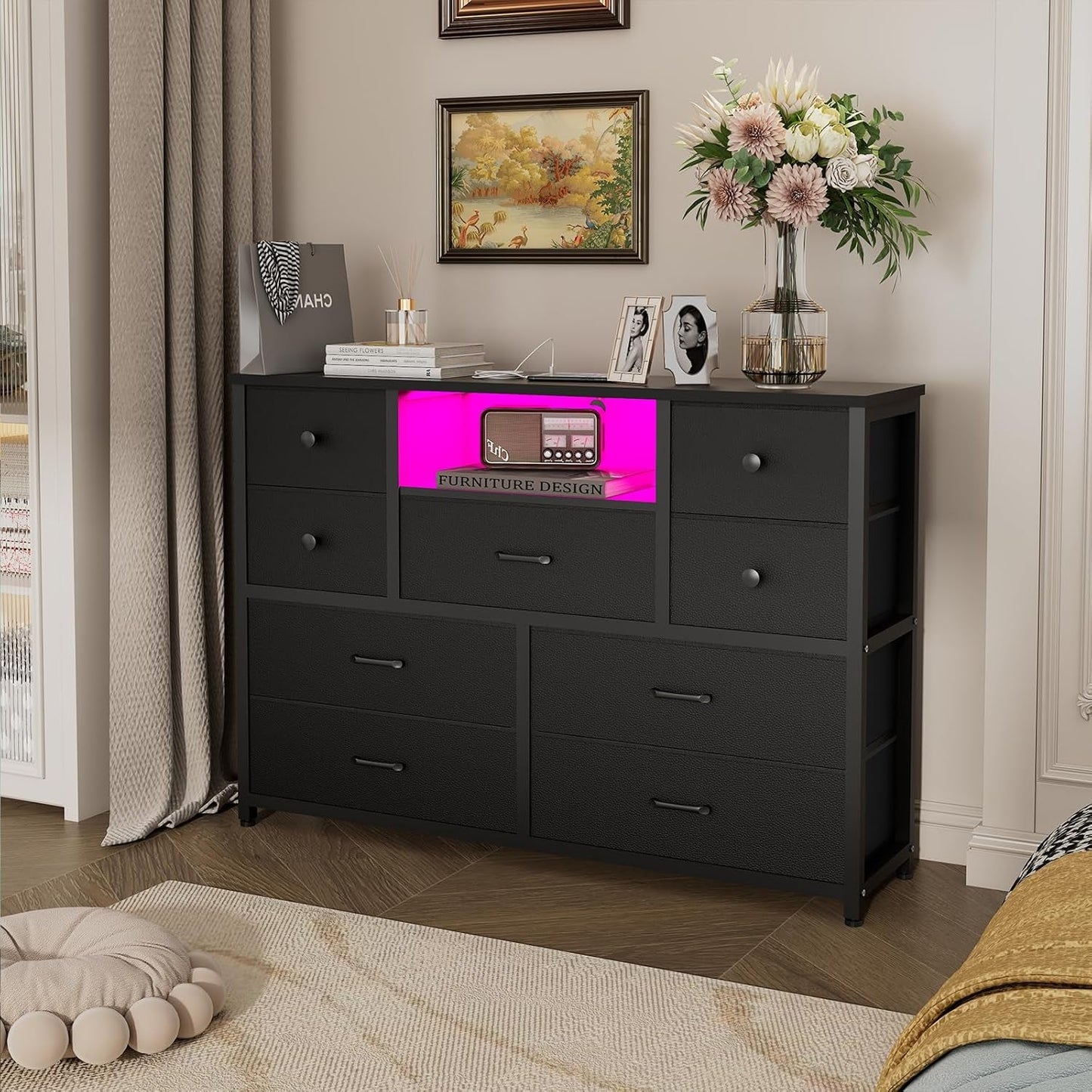 Charcoal Nine Drawer Wardrobe TV Stand With LED Lighting