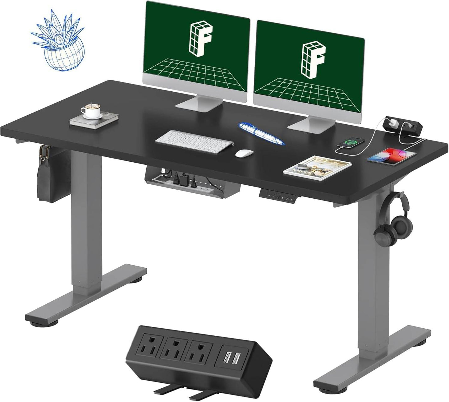 EN2 Height Adjustable Electric Standing Desk - 48"x30" with Clamp Power Strip & Cable Management (Gray Frame + Mahogany Top)