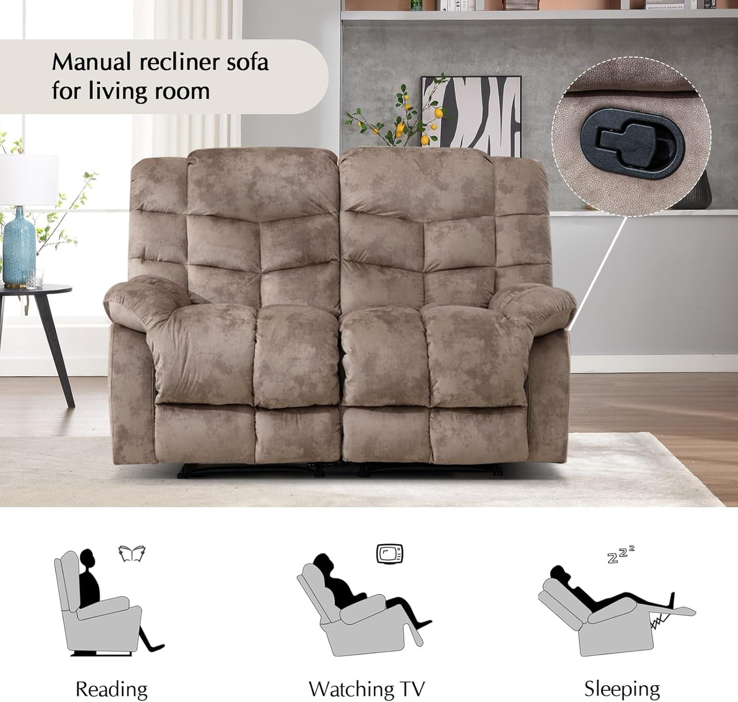 Manual Two Seat Loveseat Recliner Sofa Light Brown