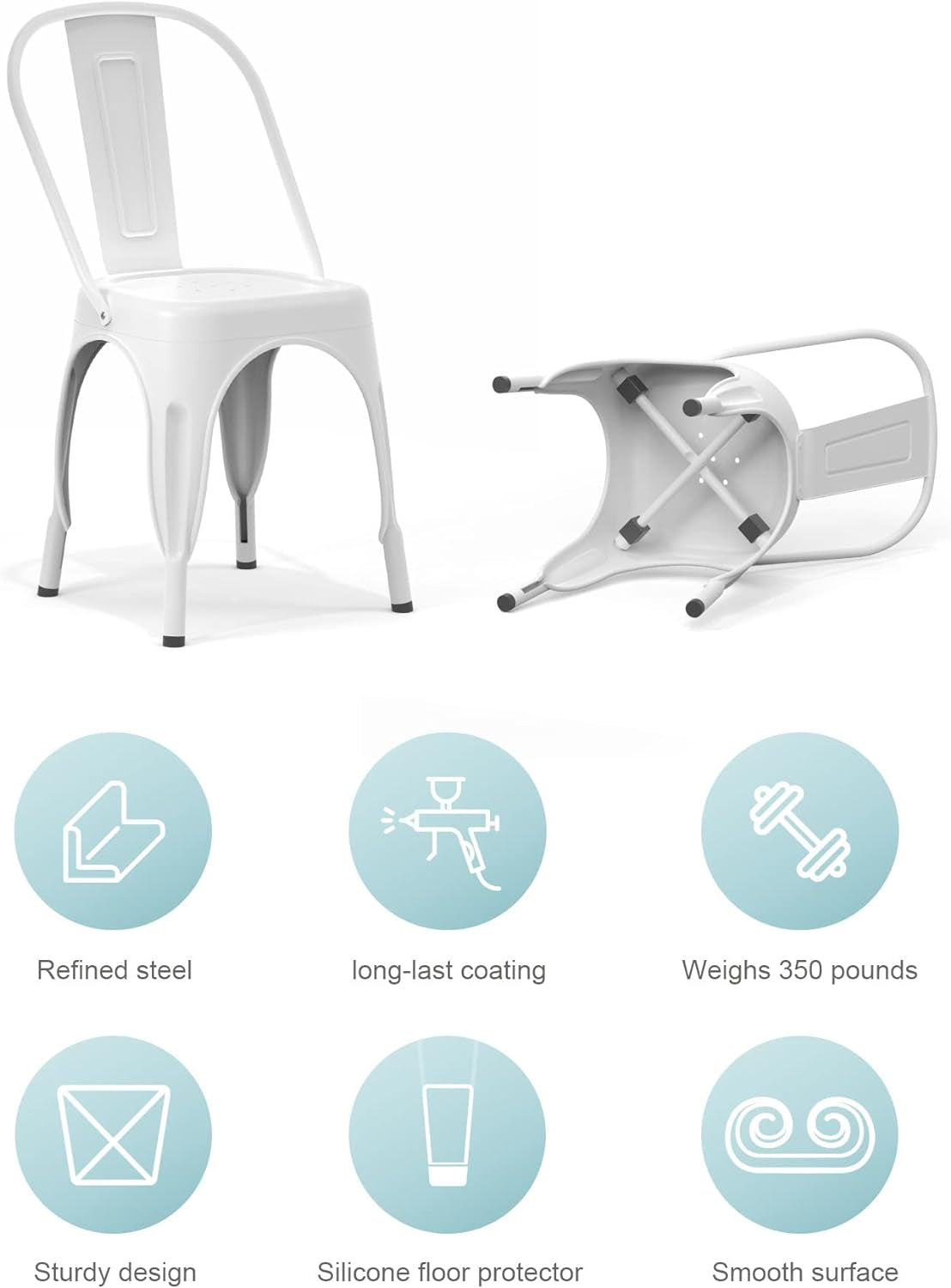 Tolix Style Metal Dining Chair White Stackable Set Of 4, featuring sturdy design, refined steel, and silicone floor protector.