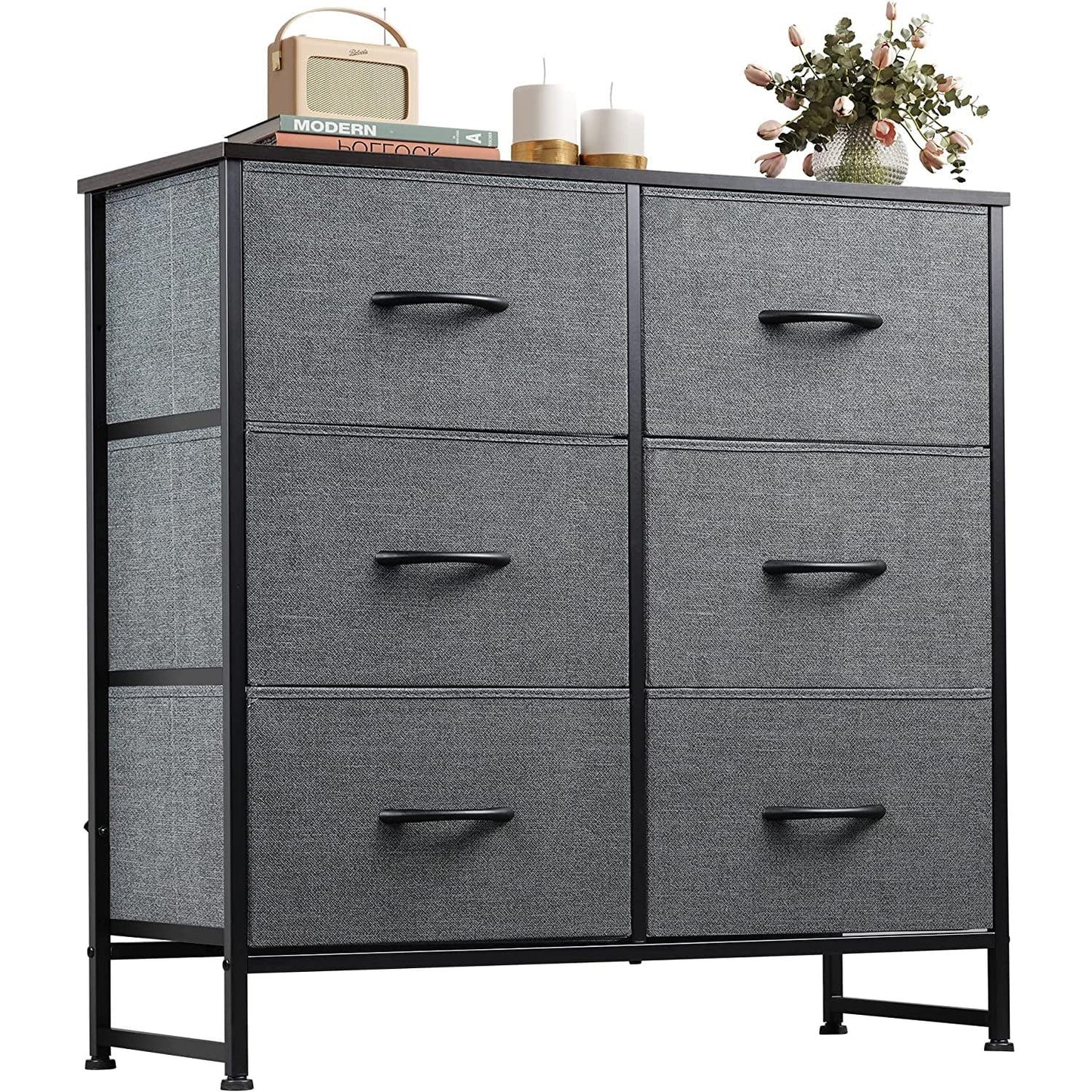 Six Drawer Dark Grey Fabric Dresser For Bedroom Storage
