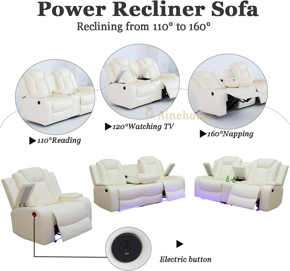 Power Recliner Sofa Set With Wireless Charging Creamy White