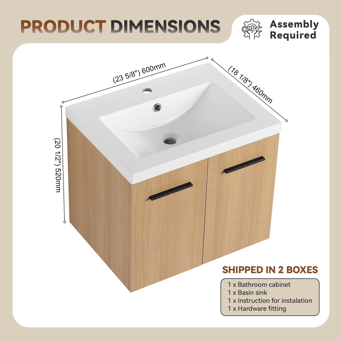 24" Floating Bathroom Vanity with Sink, Light