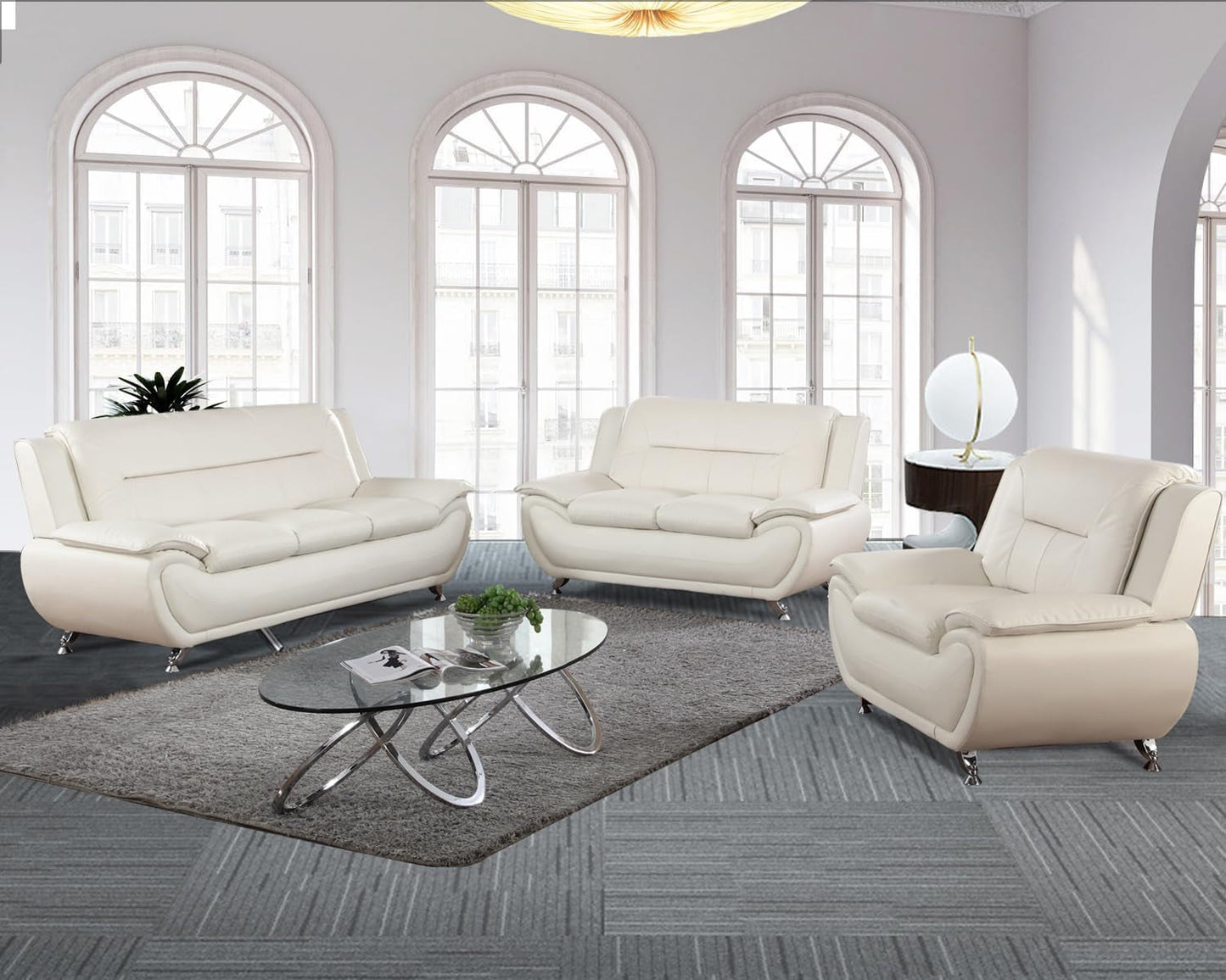 Faux Leather 3 Piece Modern Living Room Sofa Set White