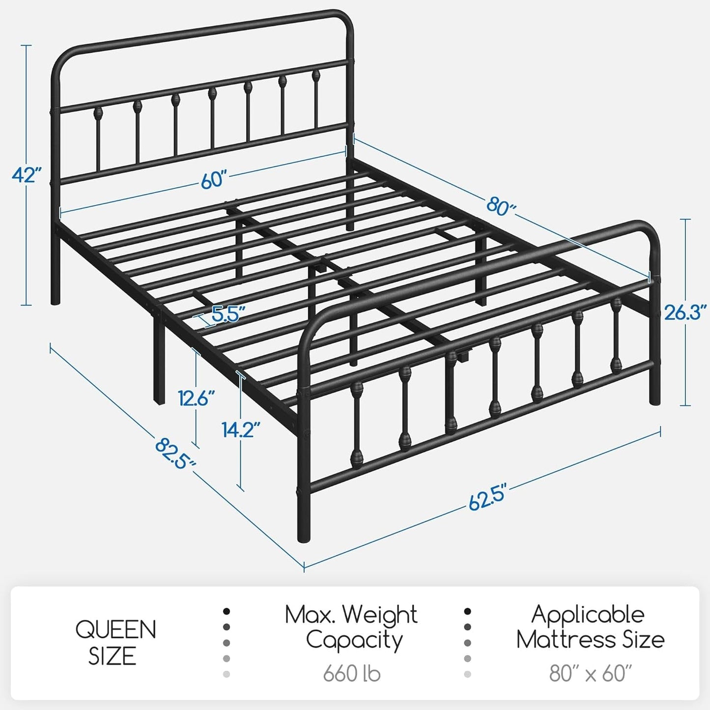 Queen Size Metal Platform Bed Frame With Storage Black