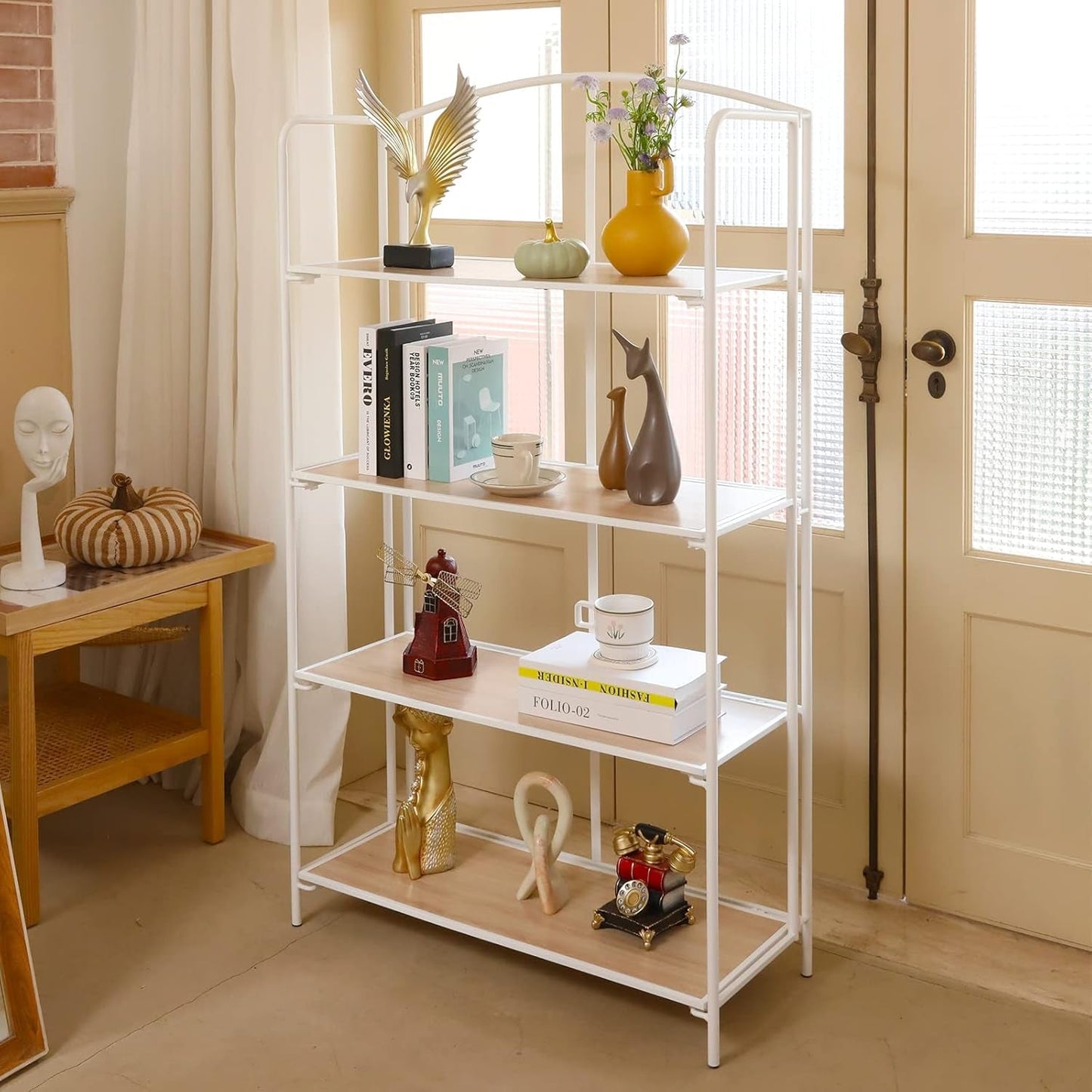 No Assembly Foldable Bookshelf 4 Tier White Bookcase