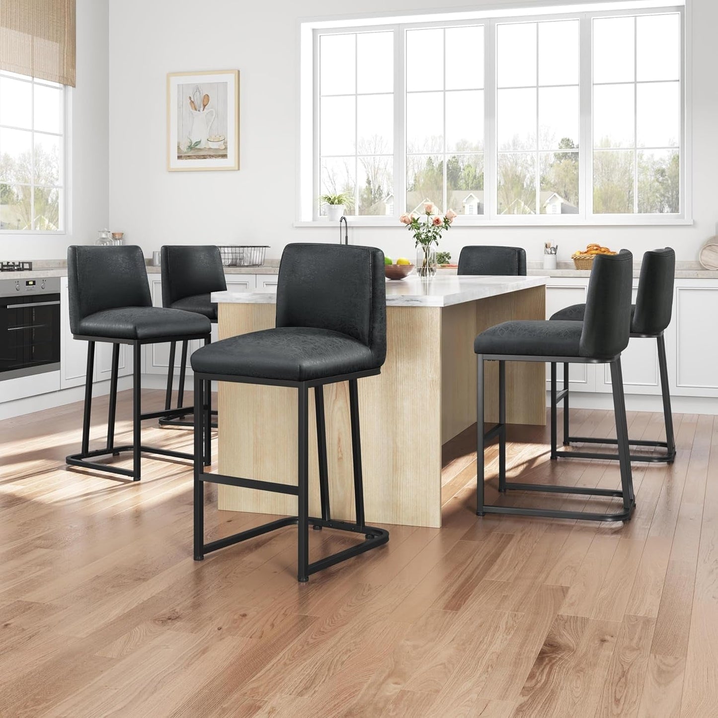24 Inch Dark Gray Leather Counter Height Bar Stools Set 2