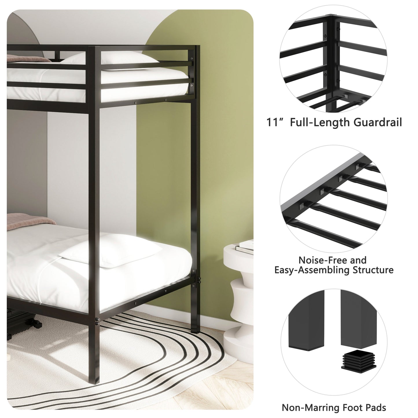 Adam Sturdy Twin Over Twin Bunk Bed Metal Black for Kids and Adult, Twin Over Twin Bunk Bed with Ladder and Guardrails, Easy Climbing, Beds for Bedroom